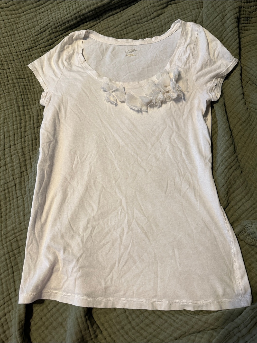 LOFT White Scoop Neck Short Sleeve Tee with Fabric Floral Trim